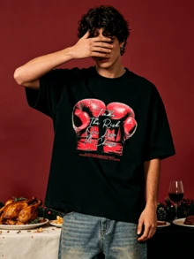 Camicia casual estiva da uomo con collo rotondo morbido e maniche corte, stampa grafica di guantoni da boxe, adatta per l'uso quotidiano. - nero - Visualizzare 3
