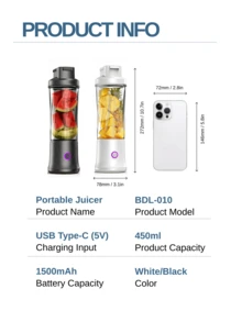 LEVIATECH Wireless Portable Blender450ml USB Rechargeable Mini Juicer Cup,12 Blades, For Fruits Vegetables Milkshakes, Travel Kitchen Mixer - Below 0.5L - View 7