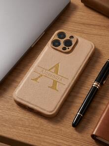 客製化個性化縮寫姓名 3D DIY 刻字字母手機殼，相容 iPhone 17 16 15 14 13 12 11 Pro Max 16 15 14 Plus，相容 Galaxy S25 S24 S23 S22 S21 Ultra Plus A55 A54 A53 A52 A34 A33 A32 A15 A14 A13 A12，後蓋韓系奢華軟 PU 皮革防震保護殼，燙金皮革手機殼，節日禮物送給愛人、朋友、家人 - 卡其色 - 查看 6