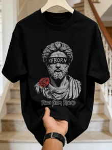 Men's Summer Casual Soft Round Neck Short Sleeve-Shirt,Statue Print Graphic Is Suitable Daily Wear. - Black - View 4