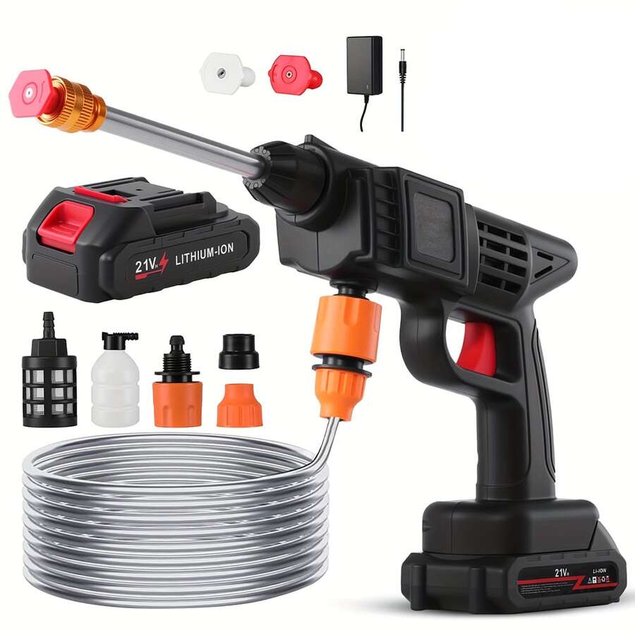 Wireless High-Pressure Washer, Portable High-Pressure Washer, High-Pressure Car Washer Equipped With 2 21V Rechargeable Batteries, A 5-Meter Hose, And 3 Nozzles, Suitable For Cleaning And Watering Cars, Patios, And Gardens - 黑色 - 查看 1