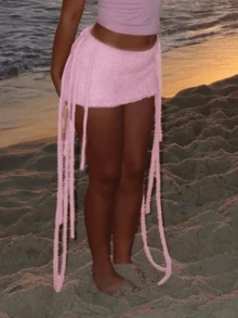 Women Pink Knit Mini Skirt - Side Tie Detail Casual Skirt, Cute Beach Party Bottom For Vacation & Night Out Going Out Clubwear - 粉色 - 查看 2
