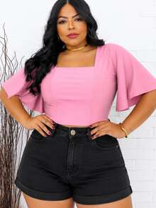 Plus Size Cropped Blouse With Batwing Sleeves - Rosa - Ver 1