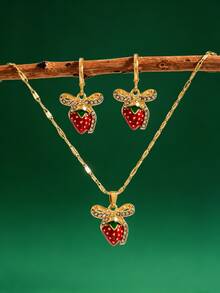 1 Set 3pcs Fashion Sweet Cute Rhinestone Bow Strawberry Pendant Necklace & Earrings - Multicolor - View 4