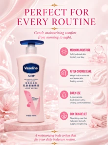 Vaseline 菸鹼醯胺亮澤身體乳 200/400ml，溫和呵護敏感肌膚，額外防護，修復肌膚屏障，深層補水，輕盈不黏膩，蘊含LipoPro科技、角鯊烷和維生素原B5，舒緩保濕，尤其適合乾性和敏感性肌膚，每日保濕並修復肌膚屏障。 - 菸鹼醯胺亮膚潤膚乳 - 查看 9