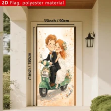 2D Plane Wedding Party Backdrop Fabric - Cartoon Couple Riding A Green Retro Motorcycle Theme, With The "JUST MARRIED" Sign, Garland, Heart-Shaped Ribbons And Canning Elements, No Power Supply Required. - 1 - View 4