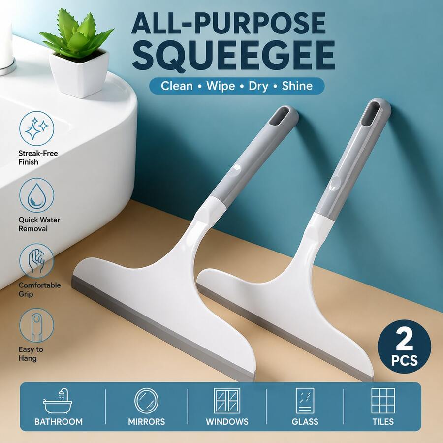2pcs Gray & White Handheld Squeegee Set, Multi-Function Soft Rubber Glass Squeegee Brush, No Scratch No Residue, Suitable For Shower Room Mirror Window Kitchen Countertop, With Hanging Hole Household Cleaning Tool - Wipers - View 1