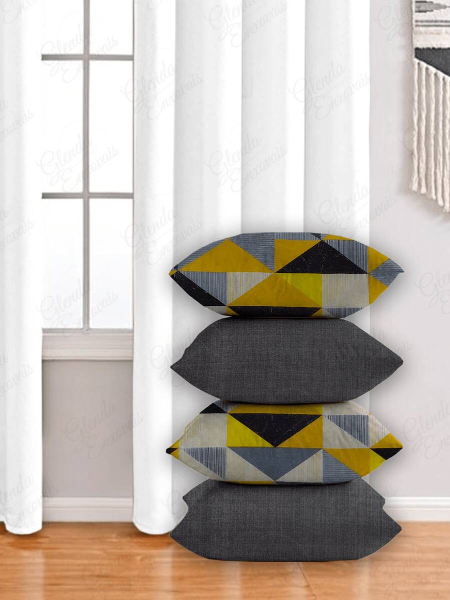 4 Cushion Covers, Various Combinations, 45x45 Cm - AL - 黃灰色三角形 - 查看 1