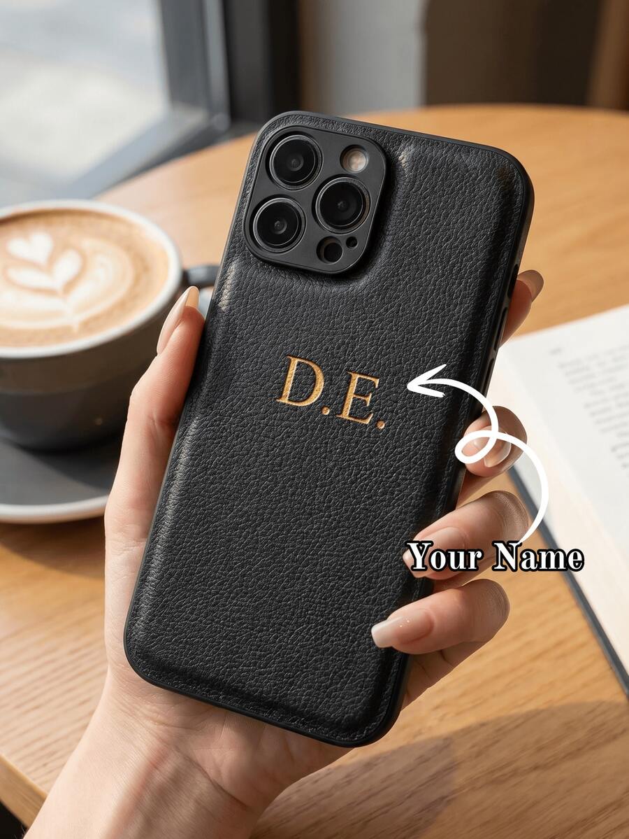 客製化縮寫姓名 3D DIY 刻字手機殼，韓系奢華軟皮革防震保護殼，燙金設計，情侶好友家人節日禮物，老錢風美學，父親節禮物，生日禮物