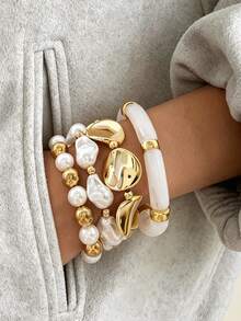 Set de 4 pulseras básicas de moda con cuentas de perlas falsas para mujer, para vacaciones de verano, citas, regalo, uso diario casual, fiestas y bodas - Amarillo Oro - Ver 2