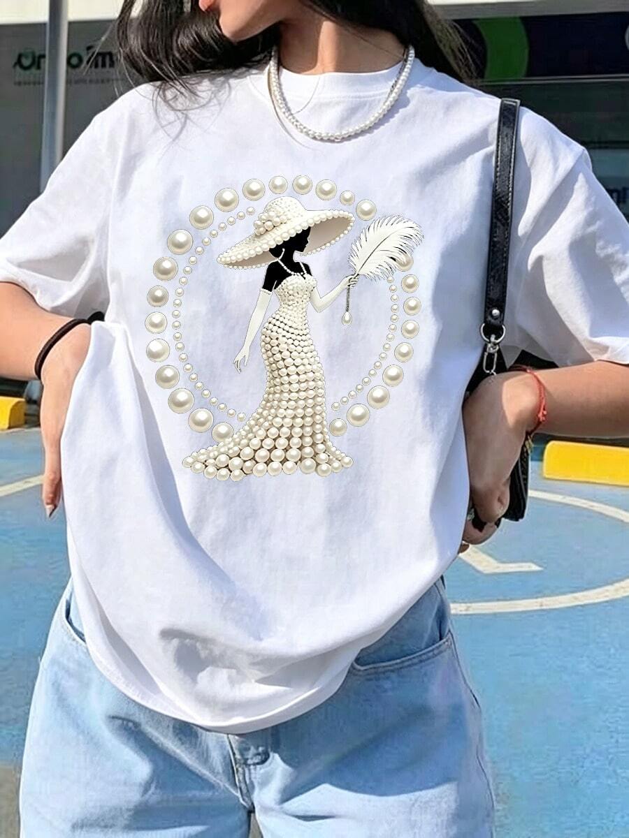 New Spring/Summer 2026 Collection: Elegant, Luxurious, And High-End Clothing! Women's Printed T-Shirt - Adorned With Pearls And Crystals, Elegant And Luxurious Design For Casual Everyday Wear, Short-Sleeve Round Neck Top For Spring/Summer, White - 白色 - 查看 1