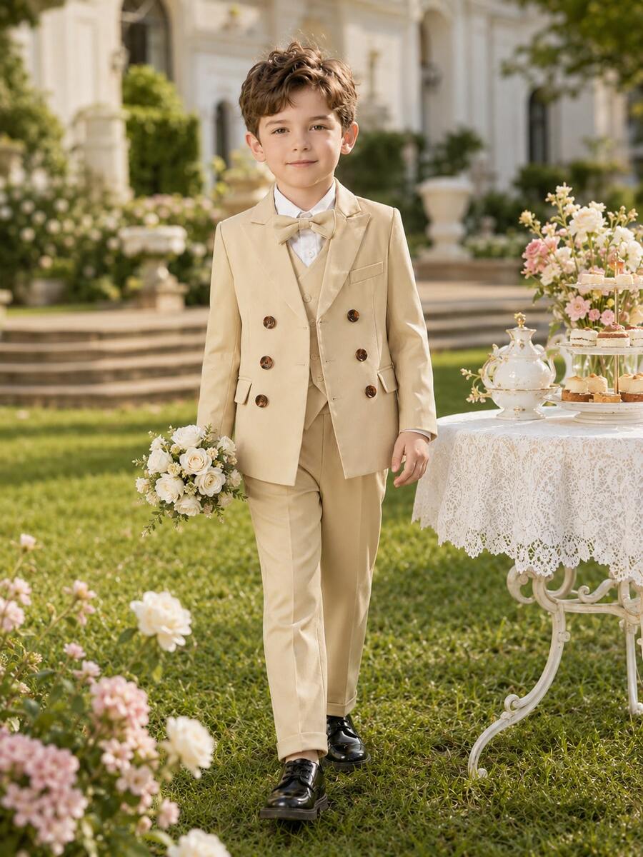 男童花童婚禮套裝 新款英式風格表演服 3件套 西裝外套 + 長褲 + 領結 - 薑色 - 查看 1