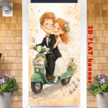2D Plane Wedding Party Backdrop Fabric - Cartoon Couple Riding A Green Retro Motorcycle Theme, With The "JUST MARRIED" Sign, Garland, Heart-Shaped Ribbons And Canning Elements, No Power Supply Required. - 1 - View 5