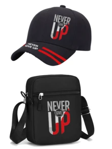 1/2件組 Never Give Up 口號印花棒球帽與斜跨包套組，中性彎帽簷可調節肩背包，街頭戶外百搭禮品風格 - 彩色 - 查看 1