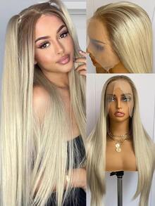 websterwigs Wig Depan Renda Lurus Tahan Panas Serat Sintetis Transparan HD 13x4 untuk Wanita, Motif Gradien Emas, Motif Piala Dunia - MultiWarna - View 15
