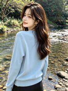 Women's Modal Turtleneck Sweater With Elastic - 淺藍色 - 查看 2