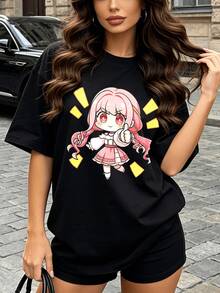 Camisa casual holgada de verano para mujer, blusa de algodón suave con cuello redondo y manga corta, estilo callejero vintage europeo americano. - Negro - Ver 1