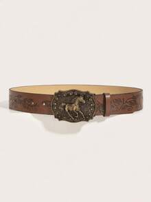 1pc Unisex Vintage Western Cowboy Animal Buckle Embossed PU Leather Belt Fashion Ver - Brown - View 2