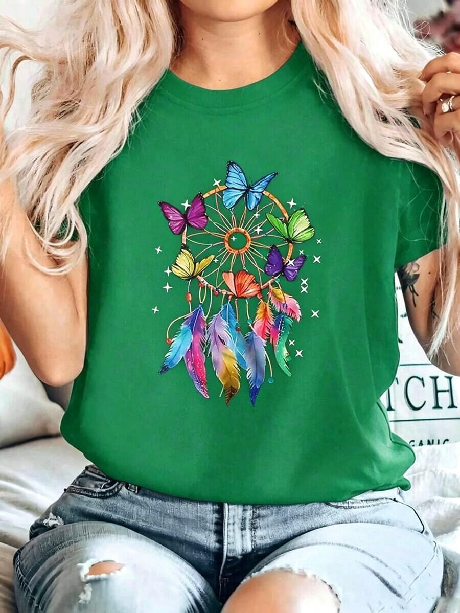 Women's Casual T-Shirt With Dreamcatcher And Butterfly Print, Black, Short Sleeve, Round Neck, Drop Shoulders, Medium Elastic Knit Fabric For Everyday Wear - 綠色 - 查看 1