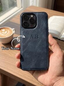 Navy Blue Luxury PU Leather Personalized Name Phone Case Compatible With 14 15 16 17 Pro Max Plus 3D DIY Engraved Initials Business Classic Shockproof - Navy Blue - View 1