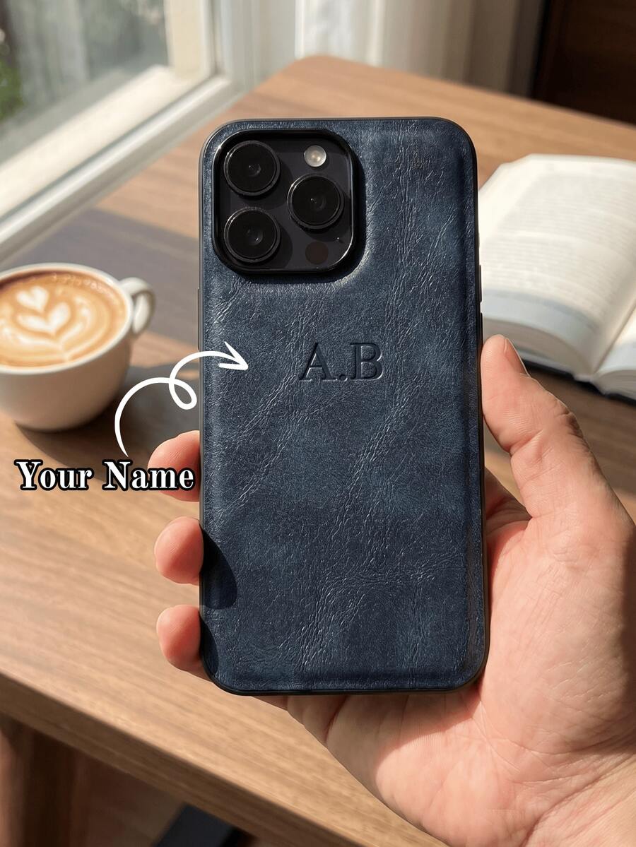 Navy Blue Luxury PU Leather Personalized Name Phone Case Compatible With 14 15 16 17 Pro Max Plus 3D DIY Engraved Initials Business Classic Shockproof - Navy Blue - View 1