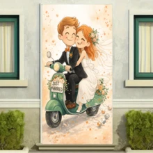2D Plane Wedding Party Backdrop Fabric - Cartoon Couple Riding A Green Retro Motorcycle Theme, With The "JUST MARRIED" Sign, Garland, Heart-Shaped Ribbons And Canning Elements, No Power Supply Required. - 1 - View 3