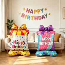 2pcs 35 Inch Birthday Gift Box Aluminum Foil Balloons, Gold And Purple Bows Suitable For Party Decoration, Birthday Arrangement, Photo Props - View 1