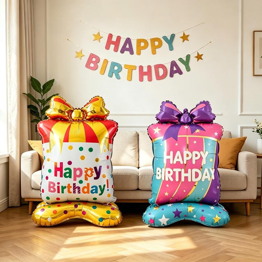 2pcs 35 Inch Birthday Gift Box Aluminum Foil Balloons, Gold And Purple Bows Suitable For Party Decoration, Birthday Arrangement, Photo Props - View 1