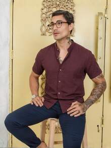 Men's Short-Sleeve Shirt With Mandarin Collar, Lightweight For Work And Leisure - 馬格南布朗 - 查看 5
