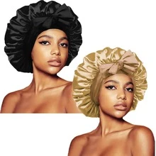 ZTZI 2Pcs Bow Decor Satin Hair Bonnet, Soft Elastic Sleep Cap, Large Size Night Hair Wrap For Curly Natural Long Hair Women - UM2pcs Bow-tie Round Hat - View 1