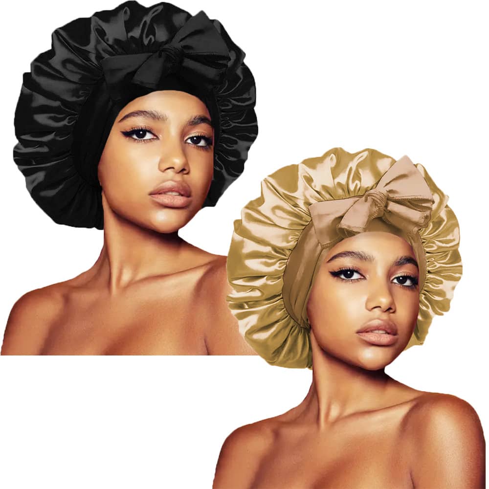 ZTZI 2Pcs Bow Decor Satin Hair Bonnet, Soft Elastic Sleep Cap, Large Size Night Hair Wrap For Curly Natural Long Hair Women - UM2pcs Bow-tie Round Hat - View 1