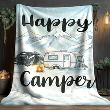 [Soft & Warm Digital Flannel Blanket] Happy Camper Digital Print Flannel Throw Blanket, Soft & Warm Multi-Purpose All-Season Sofa Bed Office Travel Camping Style Small Blanket, Modern Knitted Polyester 1pc - Multicolor - View 5
