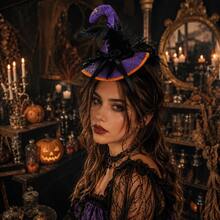 MESHUOKAI 1pc Halloween Witch Hat Headband For Women Party Headpiece, Magic Hat With Feather Bow Lace Decor, Holiday Carnival Photo Prop Accessory, Gothic Dark Style Hair Accessory, Holiday Party Ball Costume Headband, Fashionable Eye-Catching Versatile Accessory - Multicolor - View 6