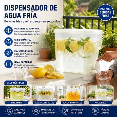 Este depósito de agua fría de 2.8 litros con grifo está fabricado con materiales aptos para uso alimentario, lo que garantiza un cierre hermético y sin olores. Ideal para limonada, zumo, té y otras bebidas, es la opción perfecta para conservar bebidas refrescantes en verano.