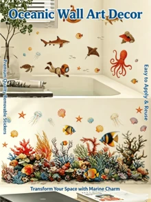 1pc Healing Ocean Style Wall Sticker Waterproof Moisture-Proof Removable Self-Adhesive PVC Sticker Bathroom Children's Room Baseboard Decoration Watercolor Underwater Coral Tropical Fish Cartoon Marine Life Wall Decal - Wall Stickers - View 1