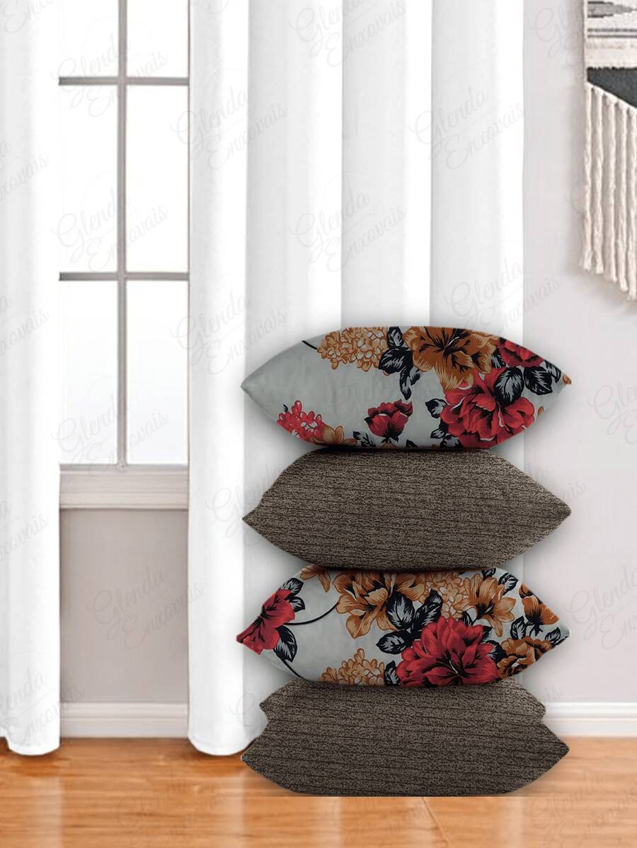 4 Cushion Covers, Various Combinations, 45x45 Cm - AL - 紅棕色花卉 - 查看 1