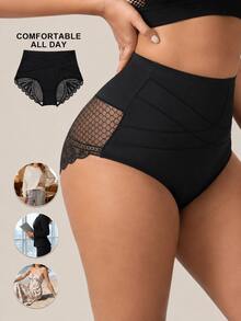 Rosiemei 1pc Plus Size High Waist Seamless Lace  Pants, Butt Lifting Shaping Panties, Large Triangle Underwear, Body Shaping - Black - View 8