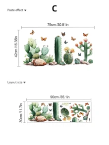 A Refreshing Watercolor Cactus Wall Sticker, Perfect For Decorating Your Bedroom, Living Room, Or Hallway Baseboards. Featuring Forest-Style Tropical Flowers, Green Plants, And Butterflies, It's Great For Creating A Fresh And Natural Home Vibe. - Wall Stickers - View 13