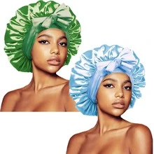 ZTZI 2Pcs Bow Decor Satin Hair Bonnet, Soft Elastic Sleep Cap, Large Size Night Hair Wrap For Curly Natural Long Hair Women - UM2pcs Bow-tie Round Hat - View 27
