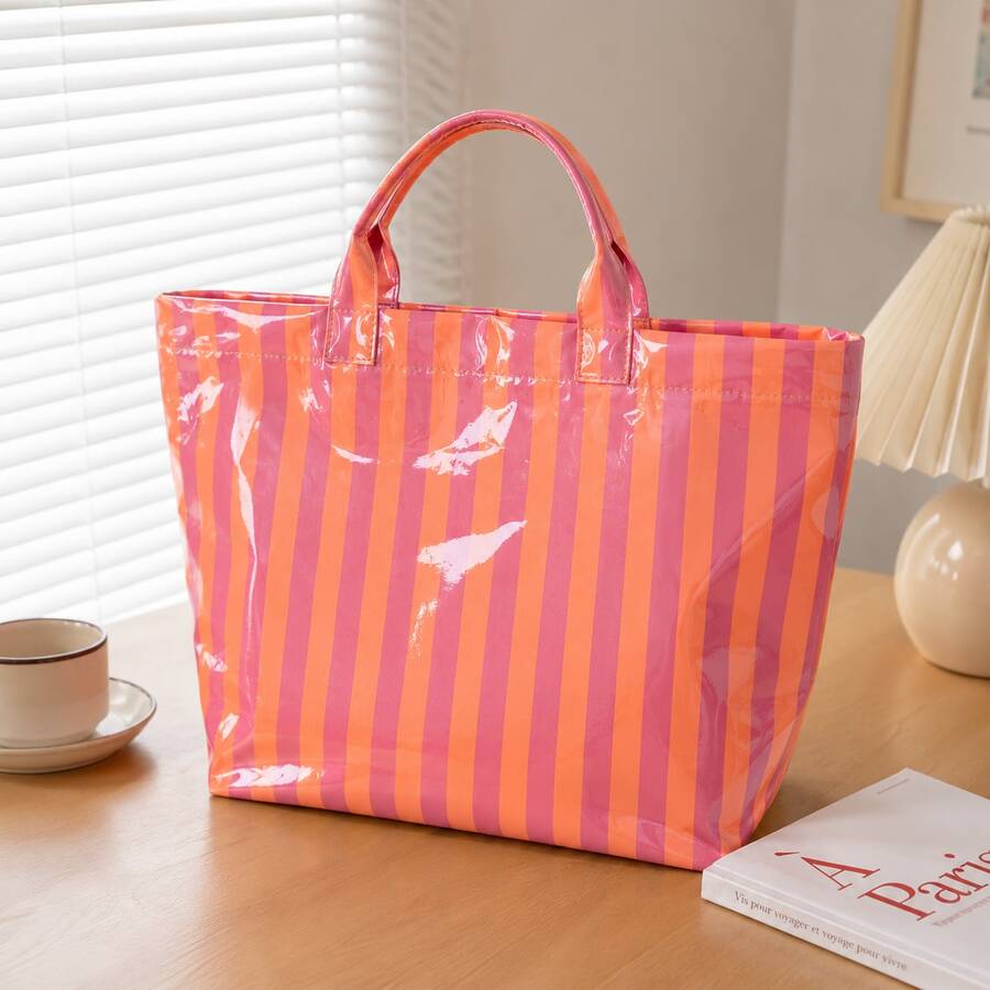 Striped Tote Bag Large Capacity Lightweight Shoulder Handbag With Zipper Closure, Casual Shopper Bag For Travel, Work, Commuting & Daily Use - 橙粉條紋 - 查看 1