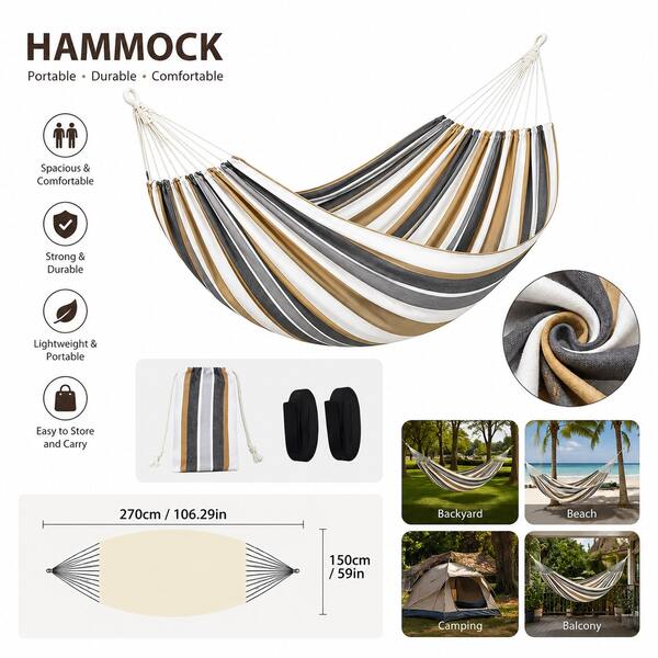 Khaki Double Canvas Hammock Without Spreader Bar, Classic Outdoor Color With Tear-Resistant Thick Canvas And Multi-Reinforced Craft. High Load Bearing And Stable, Foldable & Space-Saving For Campsite, Backyard, Forest Hiking And Outdoor Gatherings.