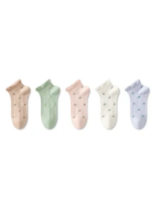 ZUJO 5 Pairs Women's Short Socks, Floral Pattern, Suitable For Year-Round Family Travel, Simple And Comfortable, Random Colors - Multicolor - View 5