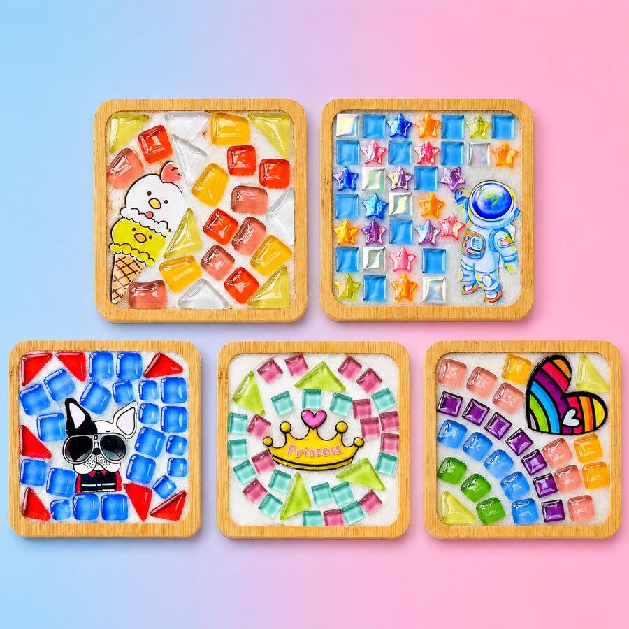 Kit de Artesanato DIY para Porta-Copos em Mosaico, Conjunto para Fazer Porta-Copos de Bambu com Azulejos de Vidro Coloridos, Suprimentos de Arte Criativa Feita à Mão, Alívio de Stress, Presente DIY para Adultos - Multicolorido - Ver 1