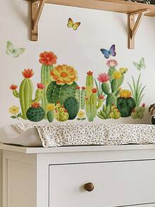 A Refreshing Watercolor Cactus Wall Sticker, Perfect For Decorating Your Bedroom, Living Room, Or Hallway Baseboards. Featuring Forest-Style Tropical Flowers, Green Plants, And Butterflies, It's Great For Creating A Fresh And Natural Home Vibe. - Wall Stickers - View 2