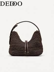 Dedoo Woven Handbag, Solid Color Pattern, Drawstring Design, Lightweight Large Capacity Bag, Bohemian Vacation Style, Beach Travel Summer Women's - Coffee - View 3