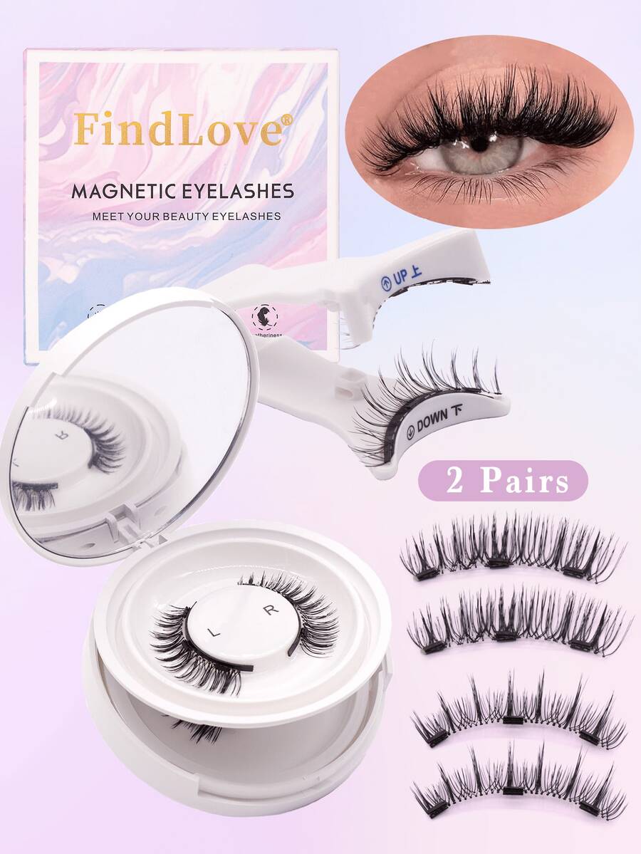 FindLove 2 Pairs Magnetic Eyelashes Comic False Eyelash Natural Look Reusable Magnetic Lashes With Wearing Clips Wear No Glue Needed Lashes Magnetic Eyelash Set Makeup Tools - White - View 1