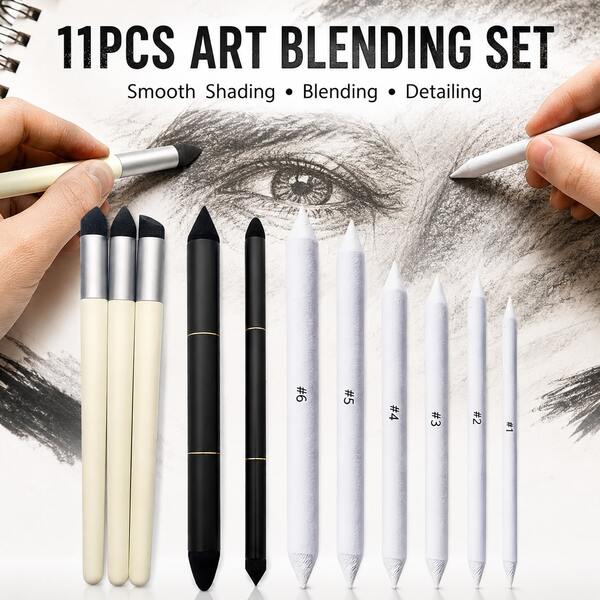 11pcs Art Blending Tool Set, Includes Paper Blending Stumps And Sponge Blending Brushes, Suitable For Graphite, Charcoal, Pastel, Sketching And Shading
