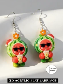 2D Flat Cute Watermelon Doll Dangle Earrings, Fun Summer Fruit Fashion Glasses Milk Tea Style Acrylic Earrings, Novel Party Jewelry Gift Suitable For Beach Vacation, Party And Daily Wear, Christmas / Thanksgiving, And Other Holiday Occasions To Wear Or Give As Gifts - Watermelon Doll - View 8