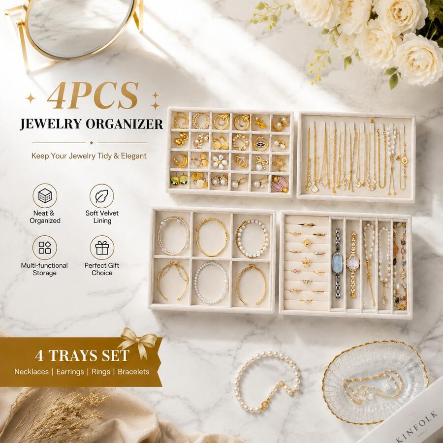 4pcs Velvet Jewelry Storage Tray, Stackable Multi-Compartment Jewelry Organizer, Large-Capacity Earrings, Necklaces, Rings, Bracelets, Watches, And Fashion Glasses Storage Box, Vanity Drawer Inset Display Box - Multicolor - View 1