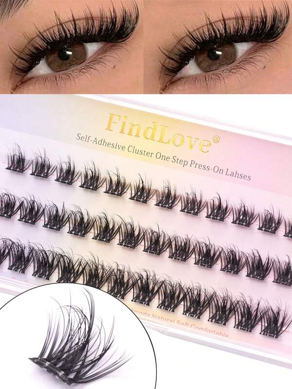 FindLove 36pcs Natural Eyelash Clusters With Adhesive Backing, D Curl Long & Slim, Pre-Glued DIY Home Eyelash Extensions, Voluminous Fluffy Soft False Eyelashes, Self-Adhesive Eyelash Clusters, No Glue Needed, Brown Individual Eyelash Makeup Tool